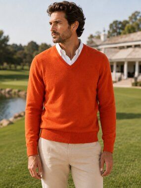 Polo Golf Ralph Lauren Cashmere Blend Sweater Mens L Orange V Neck Preppy